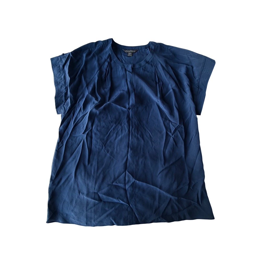 Tommy Bahama Womens Navy Blue 100% Silk Short Sleeve Pleated Blouse Top Size M